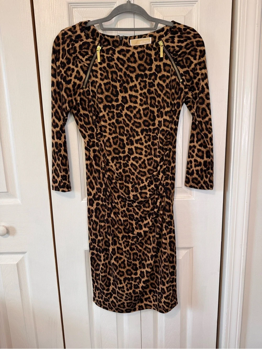 Michael Kors Leopard Print Ruched Sheath Dress Brown/Black Size Small 3/4 Sleeve